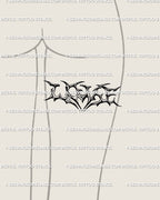 Digital LOVE lettering tattoo stencil placed on back of thigh, gothic neotribal blackwork with subtle heart-formed spike accents.
