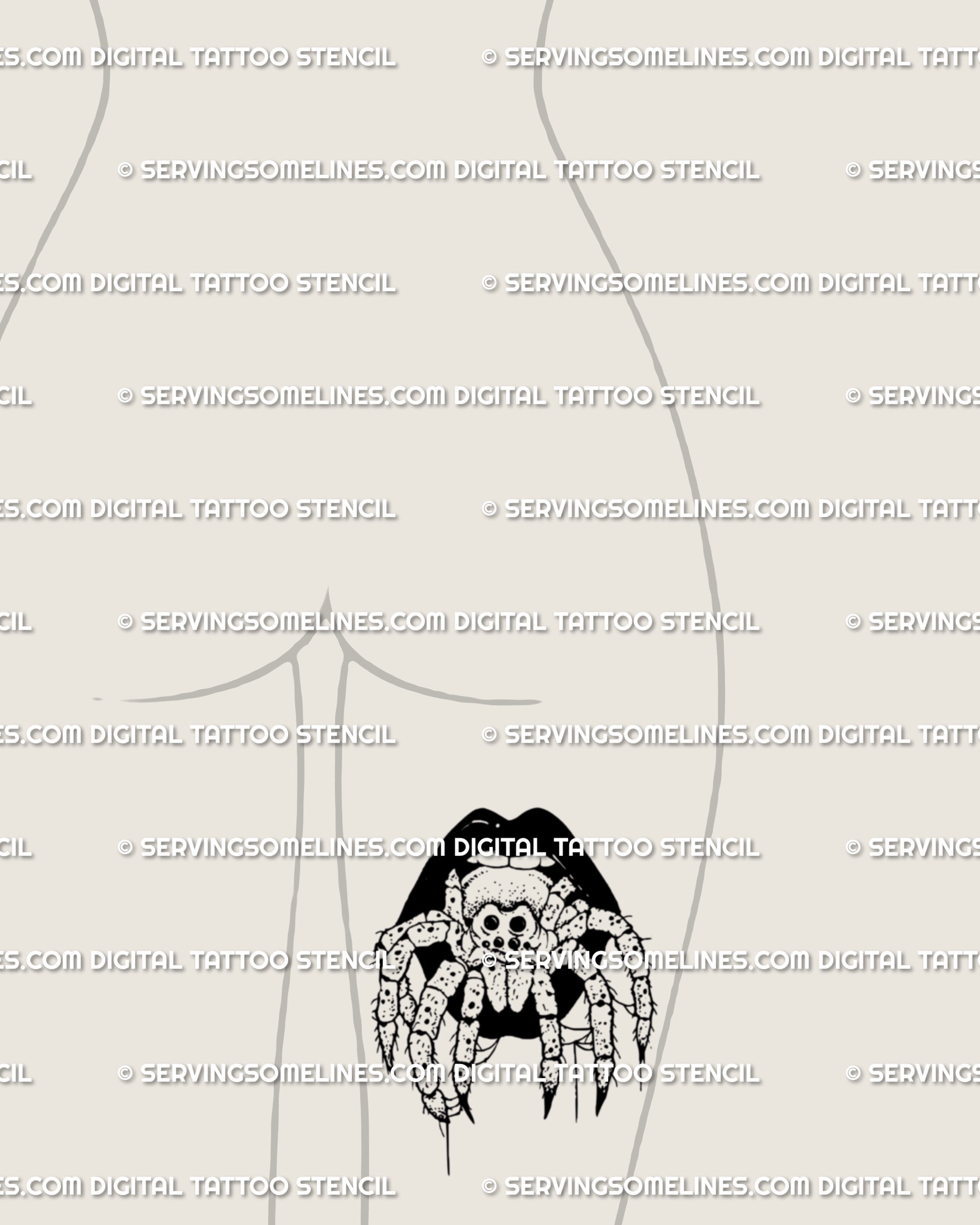 Back of thigh tattoo mock-up showing tarantula spider crawling from dark gothic lips, spooky Halloween blackwork design with witchy vibe. Digital stencil file, clean and printable.