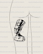 Back of thigh tattoo design for women featuring Nefertiti blackwork line art, elegant Egyptian queen tattoo stencil symbolizing beauty and endurance