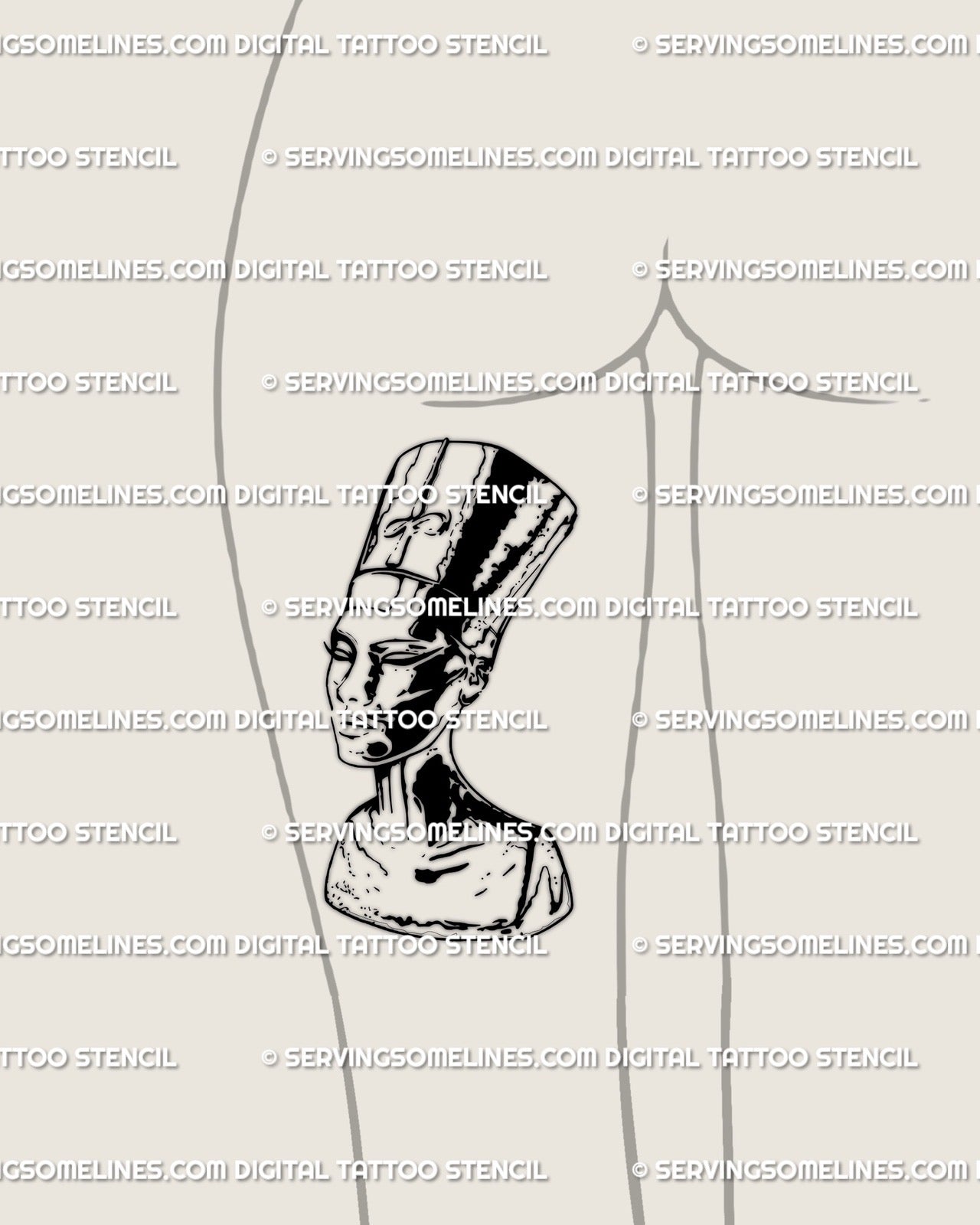 Back of thigh tattoo design for women featuring Nefertiti blackwork line art, elegant Egyptian queen tattoo stencil symbolizing beauty and endurance