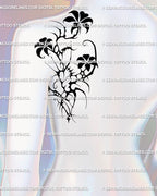 Neotribal gothic flower tattoo for back shoulder, abstract floral linework with cybersigilism influence, symbolic and stylish goth tattoo idea.