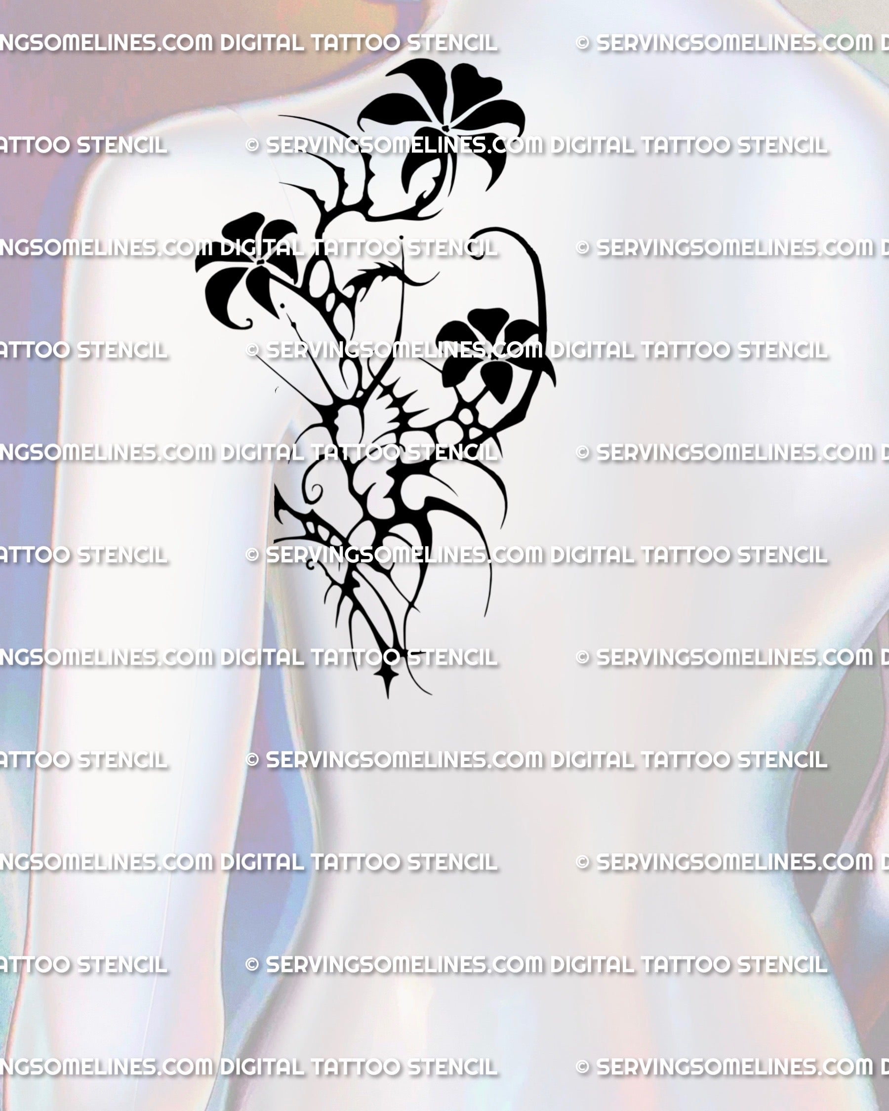 Neotribal gothic flower tattoo for back shoulder, abstract floral linework with cybersigilism influence, symbolic and stylish goth tattoo idea.