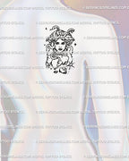 Gothic shoulder Medusa tattoo stencil, hand-drawn gorgon outline with snake hair and statue base, alternative mythology tattoo flash for back piece.