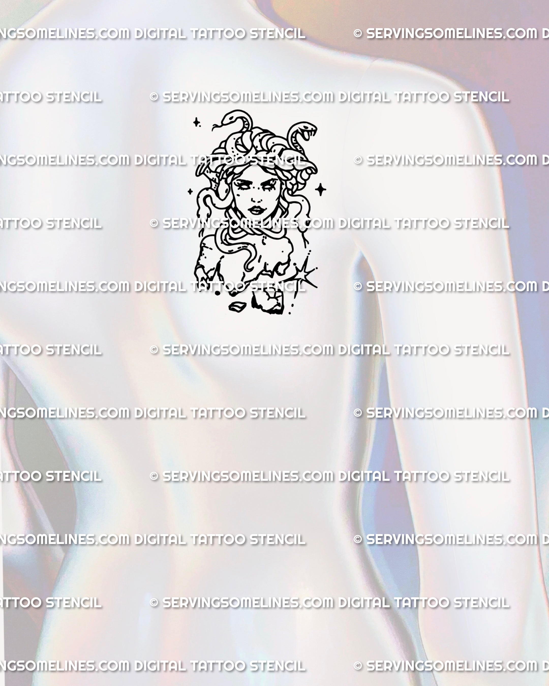 Gothic shoulder Medusa tattoo stencil, hand-drawn gorgon outline with snake hair and statue base, alternative mythology tattoo flash for back piece.
