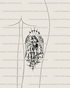 Archangel angel tattoo stencil placed on back of thigh, gothic cybercore warrior design with ornamental sword and cybersigil wings.