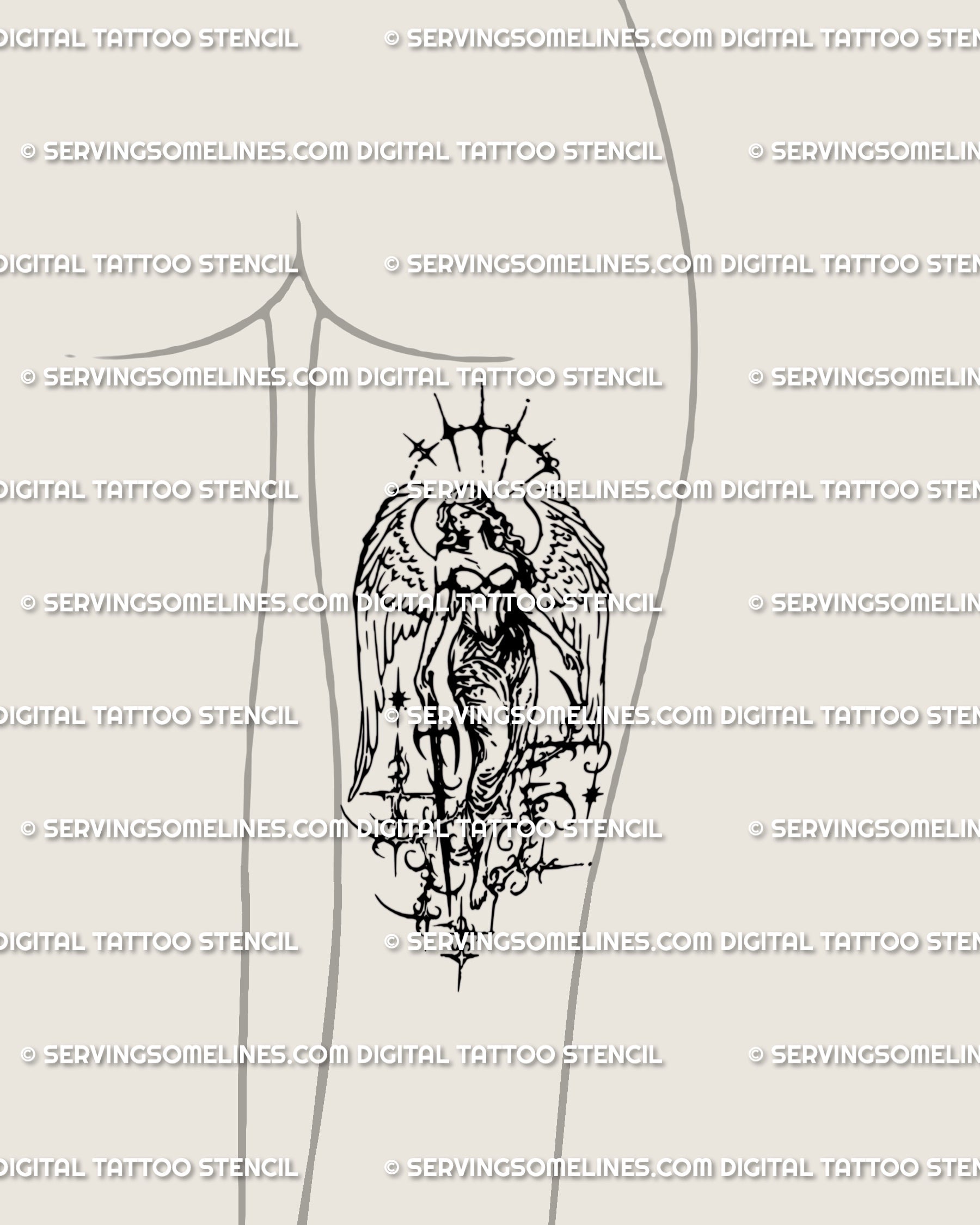 Archangel angel tattoo stencil placed on back of thigh, gothic cybercore warrior design with ornamental sword and cybersigil wings.