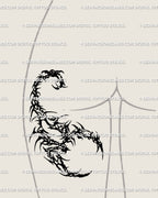 Dark neo tribal scorpion tattoo stencil for back thigh placement, cyber sigil scorpion design in gothic cybersigilism line art, a bold tribal scorpion tattoo idea.