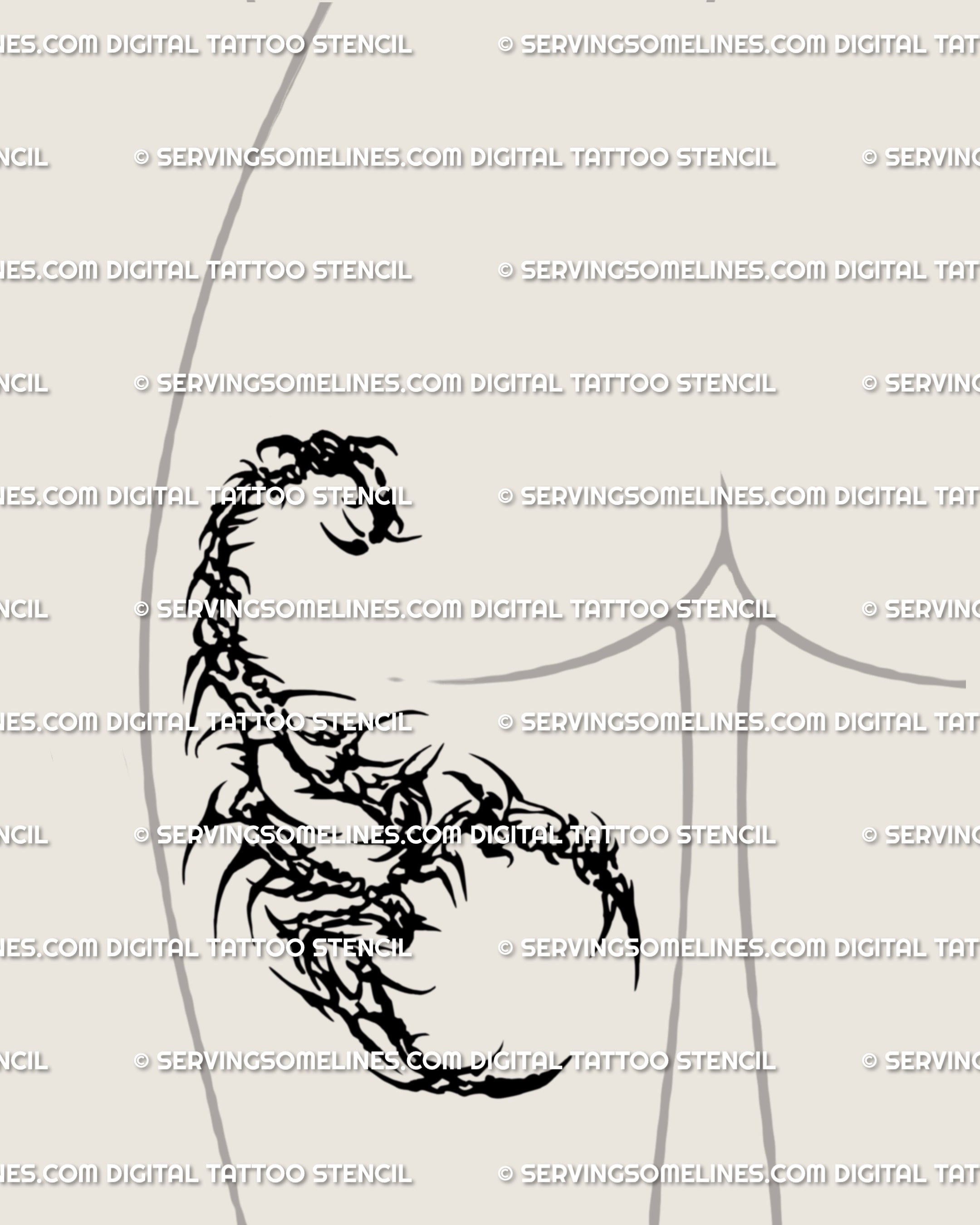 Dark neo tribal scorpion tattoo stencil for back thigh placement, cyber sigil scorpion design in gothic cybersigilism line art, a bold tribal scorpion tattoo idea.