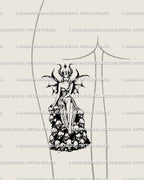 Gothic Halloween tattoo stencil of demon girl placed on back of thigh, dark fantasy art with skulls and bat wings for bold statement ink.