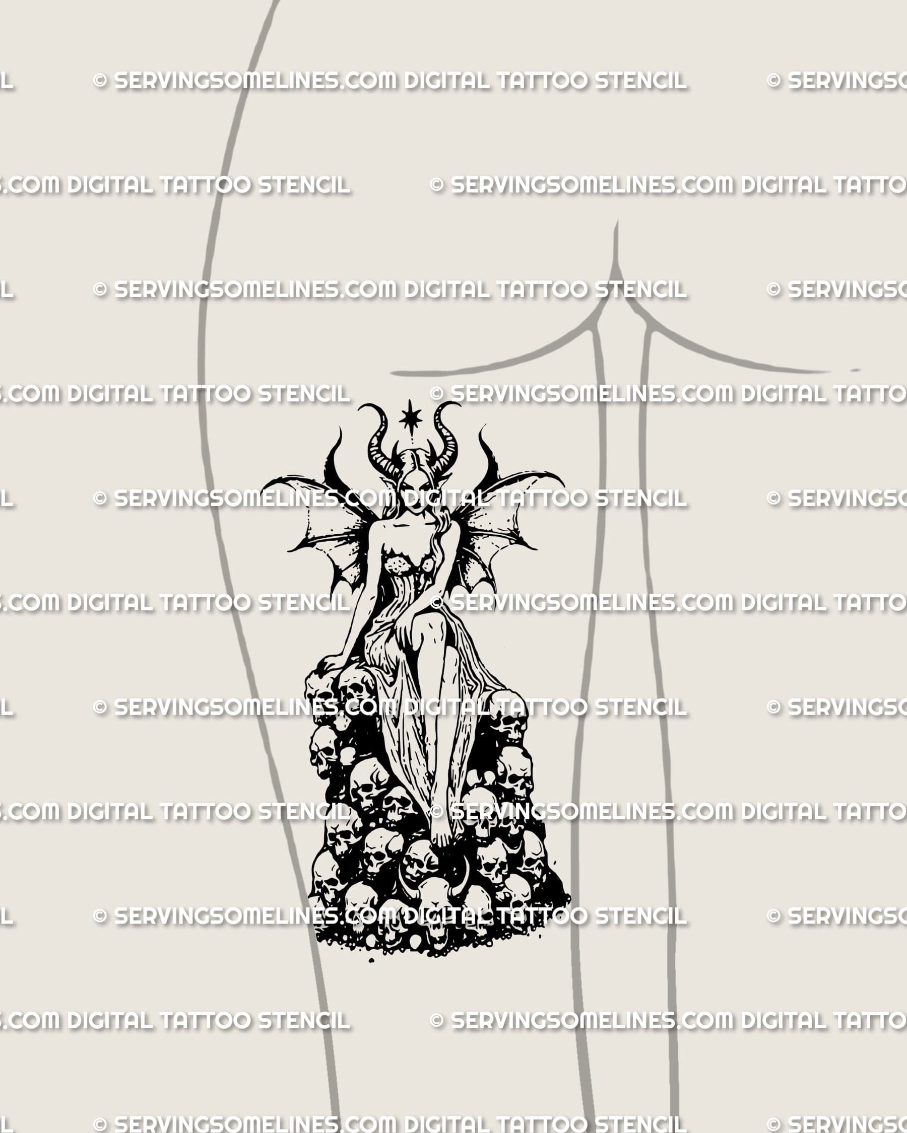 Gothic Halloween tattoo stencil of demon girl placed on back of thigh, dark fantasy art with skulls and bat wings for bold statement ink.