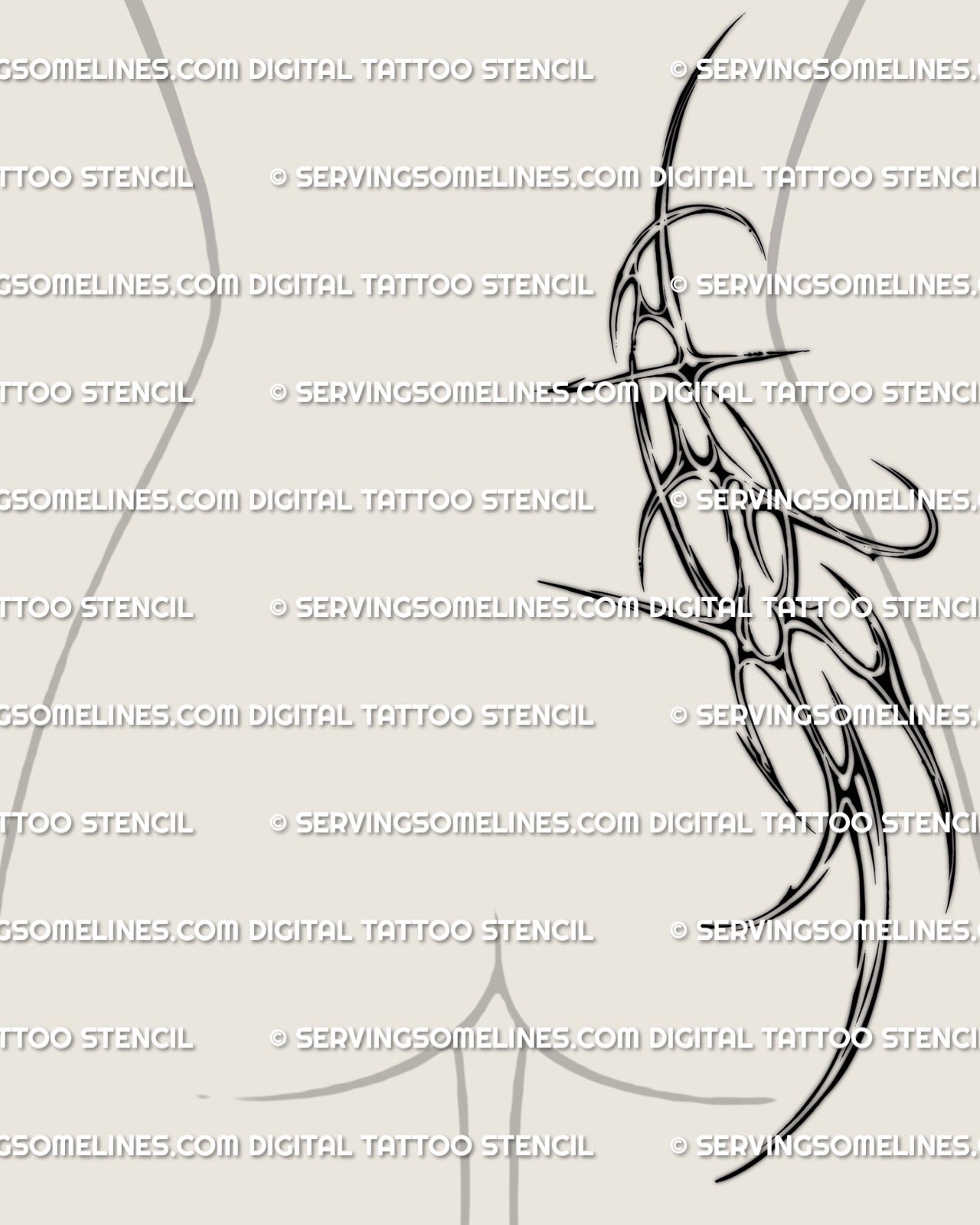 Back view of a cyber sigil tattoo flowing from waist toward back thigh, long abstract lines and chrome curves shaping the lower back into upper leg