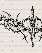 Close detail of barbed dagger tattoo stencil with thorn framing, gothic blade center, and sharp linework