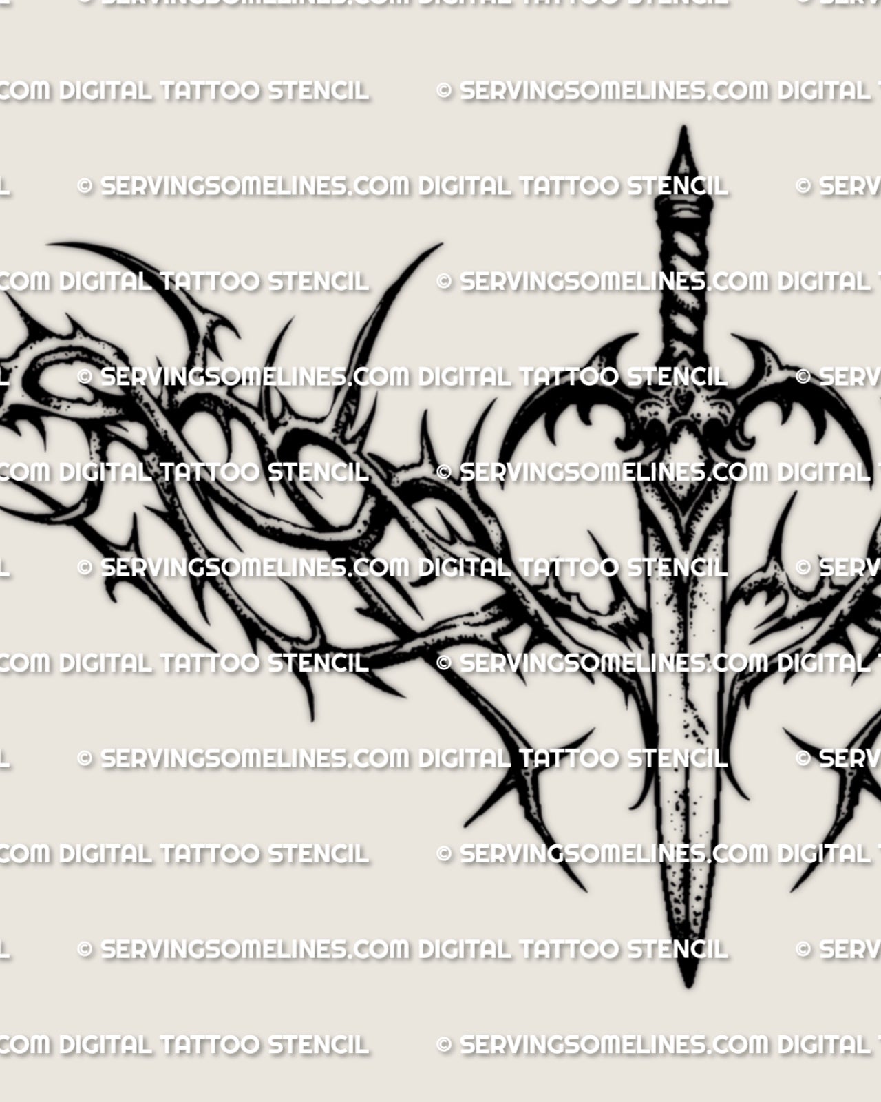 Close detail of barbed dagger tattoo stencil with thorn framing, gothic blade center, and sharp linework