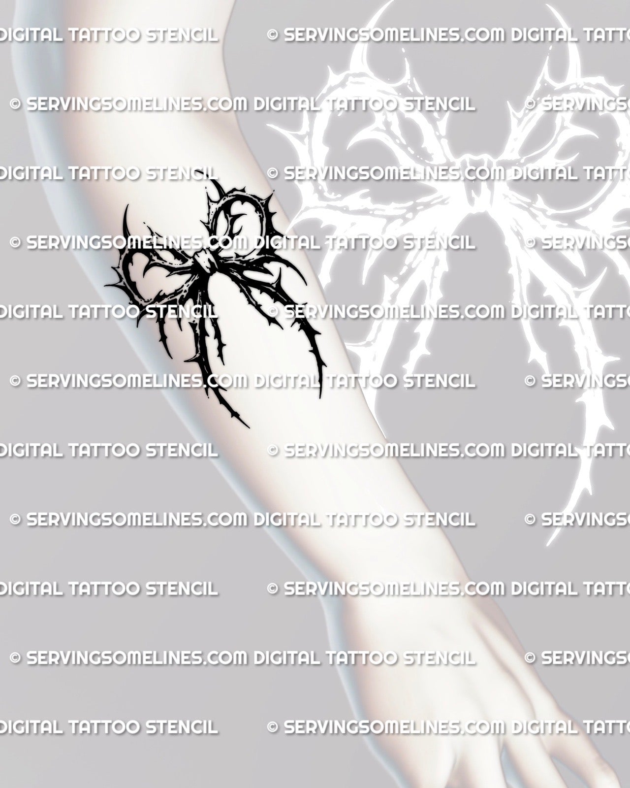 Dark barbed ribbon tattoo stencil shown on a forearm placement, crisp black lines offered as a digital stencil for people choosing small gothic tattoos