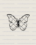 Barbed wire butterfly tattoo stencil with mesh wing pattern shown in clean digital lineart, ideal as unique edgy fine line tattoo artwork