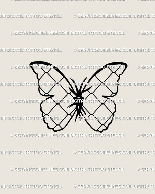 Barbed wire butterfly tattoo stencil with mesh wing pattern shown in clean digital lineart, ideal as unique edgy fine line tattoo artwork