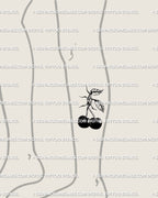 Cherry tattoo stencil displayed on lower leg, barbed wire gothic cherries flash for punk and alt-girl small tattoo style.