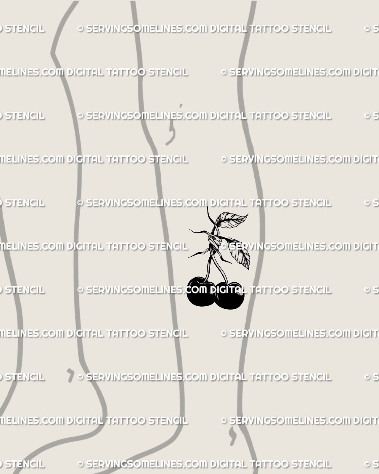 Cherry tattoo stencil displayed on lower leg, barbed wire gothic cherries flash for punk and alt-girl small tattoo style.