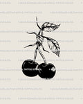 Gothic barbed wire cherry tattoo stencil, two black cherries with twisted stems and bold blackwork digital flash design. 