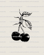Gothic barbed wire cherry tattoo stencil, two black cherries with twisted stems and bold blackwork digital flash design. 