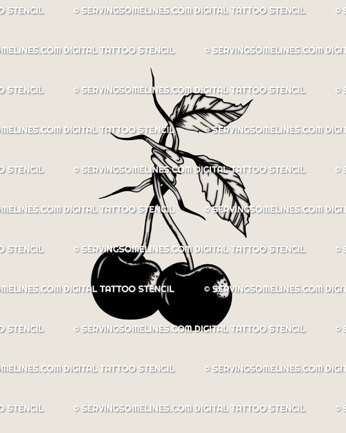 Gothic barbed wire cherry tattoo stencil, two black cherries with twisted stems and bold blackwork digital flash design. 