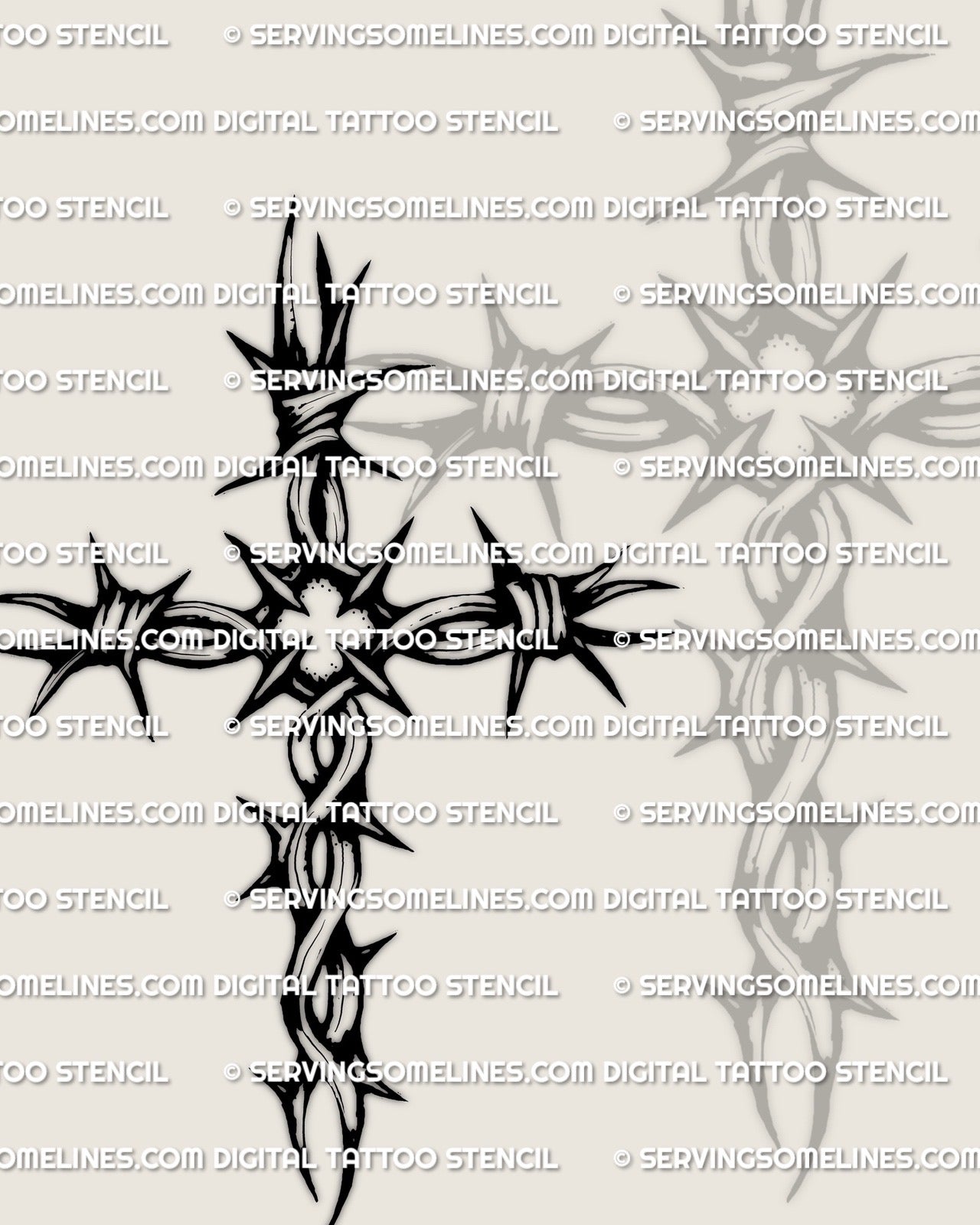 Barbed wire cross stencil download preview, twisted wire arms with barbs, clean center cross mark, blackwork outline.