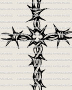 Barb wire cross tattoo design, cross barbed wire tattoo style stencil, sharp black line art on a light background.