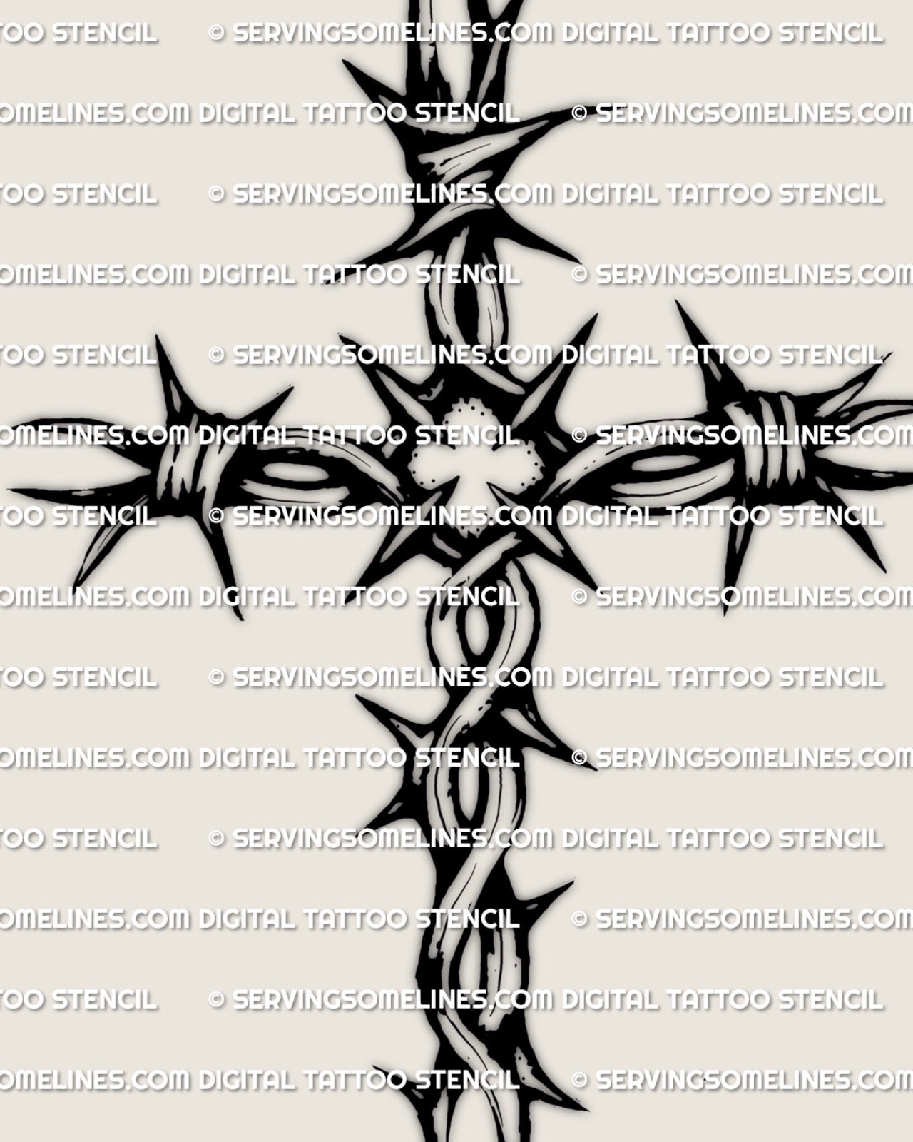 Barb wire cross tattoo design, cross barbed wire tattoo style stencil, sharp black line art on a light background.