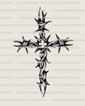 Barbed wire cross tattoo stencil design, spiked wire wrapped cross linework, high contrast digital file preview.