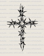 Barbed wire cross tattoo stencil design, spiked wire wrapped cross linework, high contrast digital file preview.
