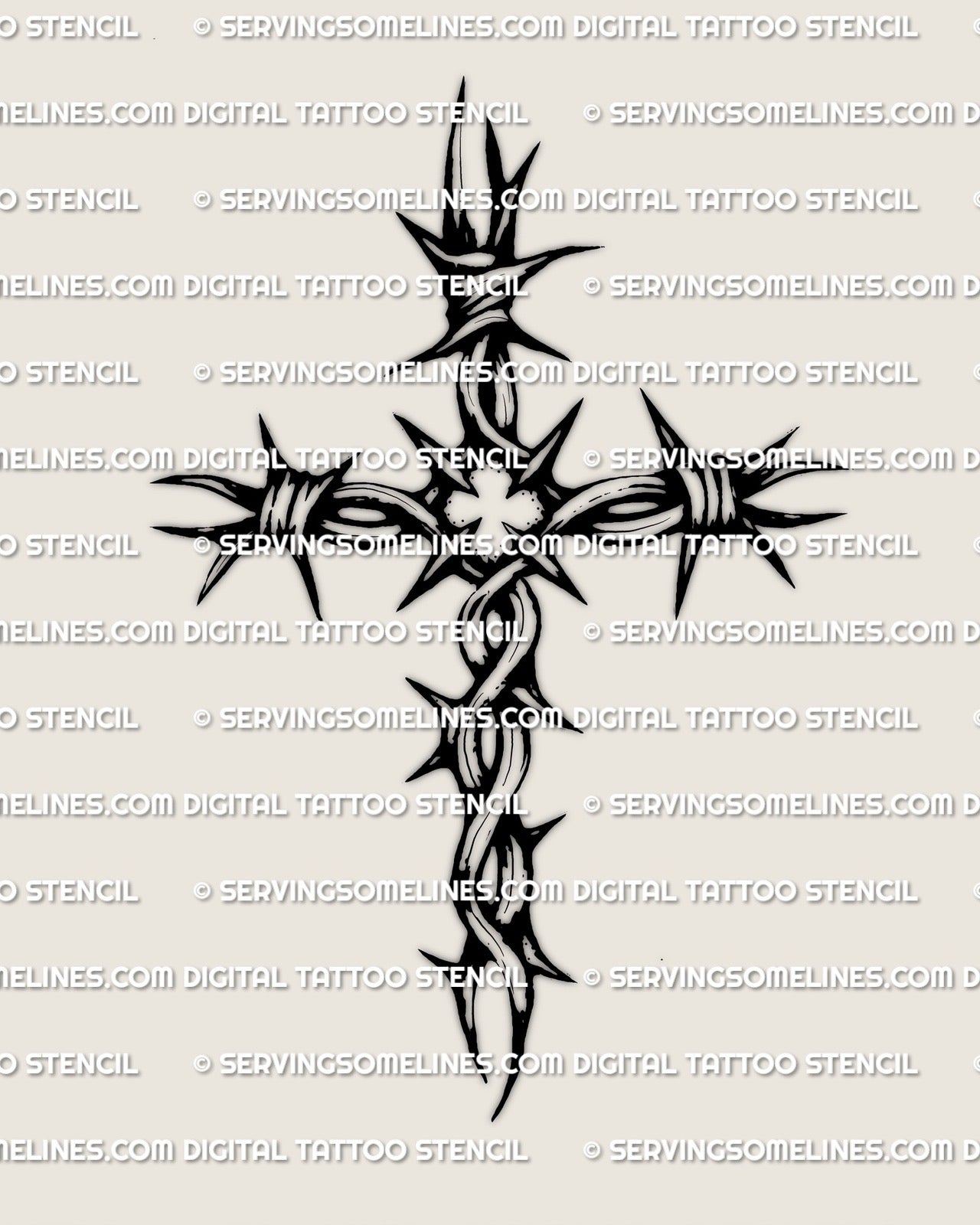 Barbed wire cross tattoo stencil design, spiked wire wrapped cross linework, high contrast digital file preview.