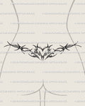 Barbed wire heart cyber-tribal tattoo on lower back, symmetrical Y2K design with spiky ornamental wings, edgy body art