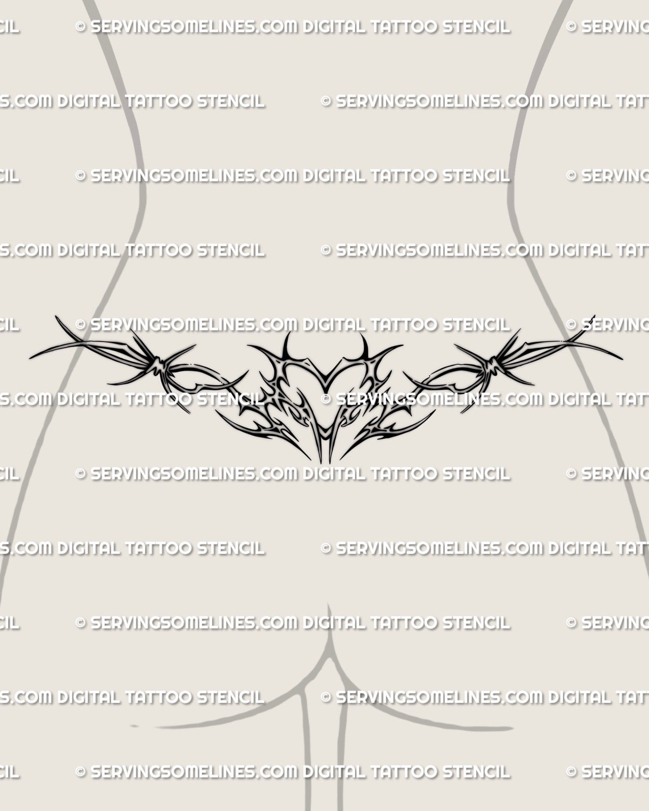 Barbed wire heart cyber-tribal tattoo on lower back, symmetrical Y2K gothic design with spiky ornamental wings, edgy body art
