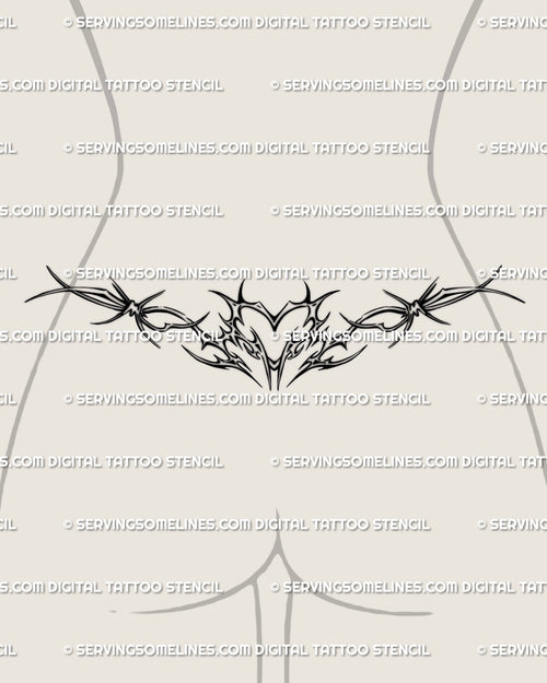 Barbed wire heart cyber-tribal tattoo on lower back, symmetrical Y2K design with spiky ornamental wings, edgy body art