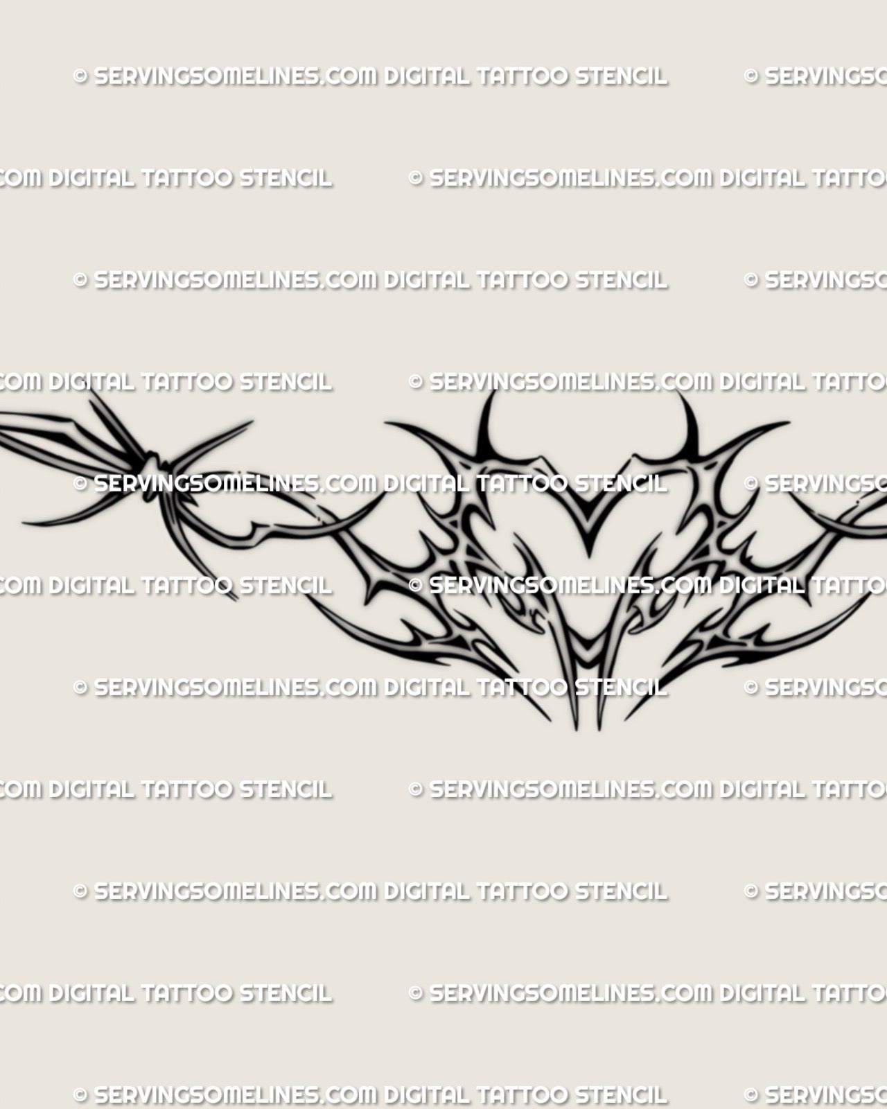 Close detail of the barbed wire heart lower back tattoo stencil, showing the heart center and wire side motifs.