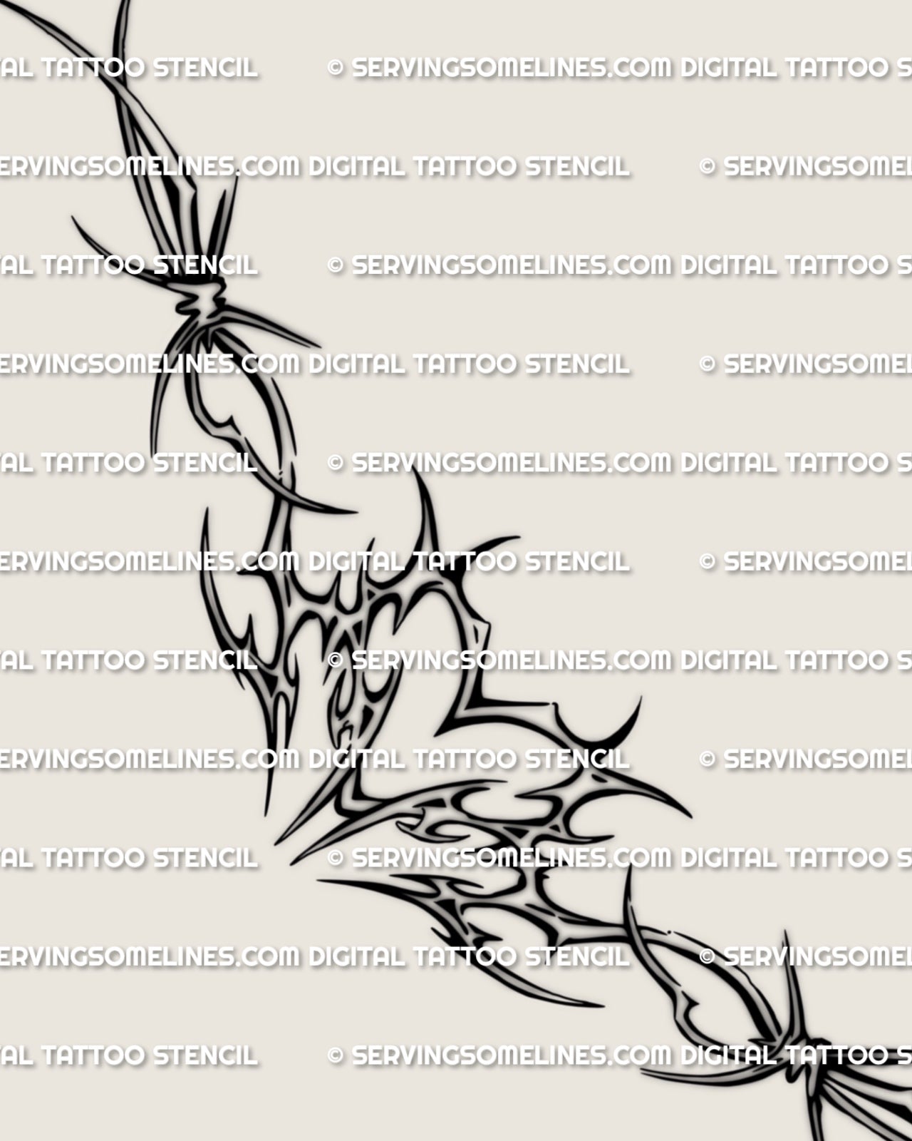 Barbed wire heart lower back tattoo stencil design shown as a full layout with a centered heart and wide wire spread.