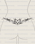 Barbed wire heart lower back tattoo shown on women's lower back placement example with a centered heart and wired side motifs.