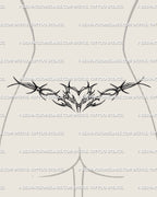 Barbed wire heart lower back tattoo shown on women's lower back placement example with a centered heart and wired side motifs.