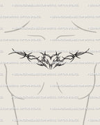 Barbed wire heart tattoo placed on female chest center, cyber-tribal gothic Y2K design with ornamental wings and spiky heart outline