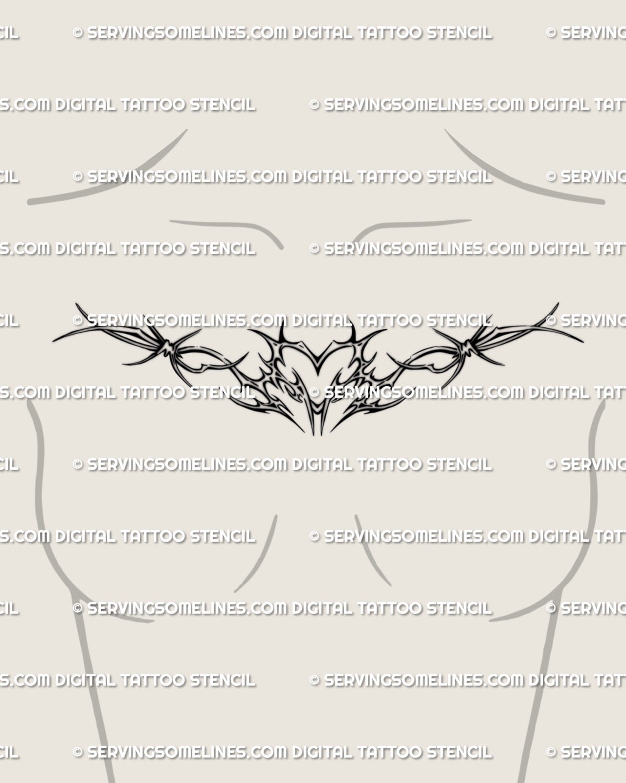 Barbed wire heart tattoo placed on female chest center, cyber-tribal gothic Y2K design with ornamental wings and spiky heart outline