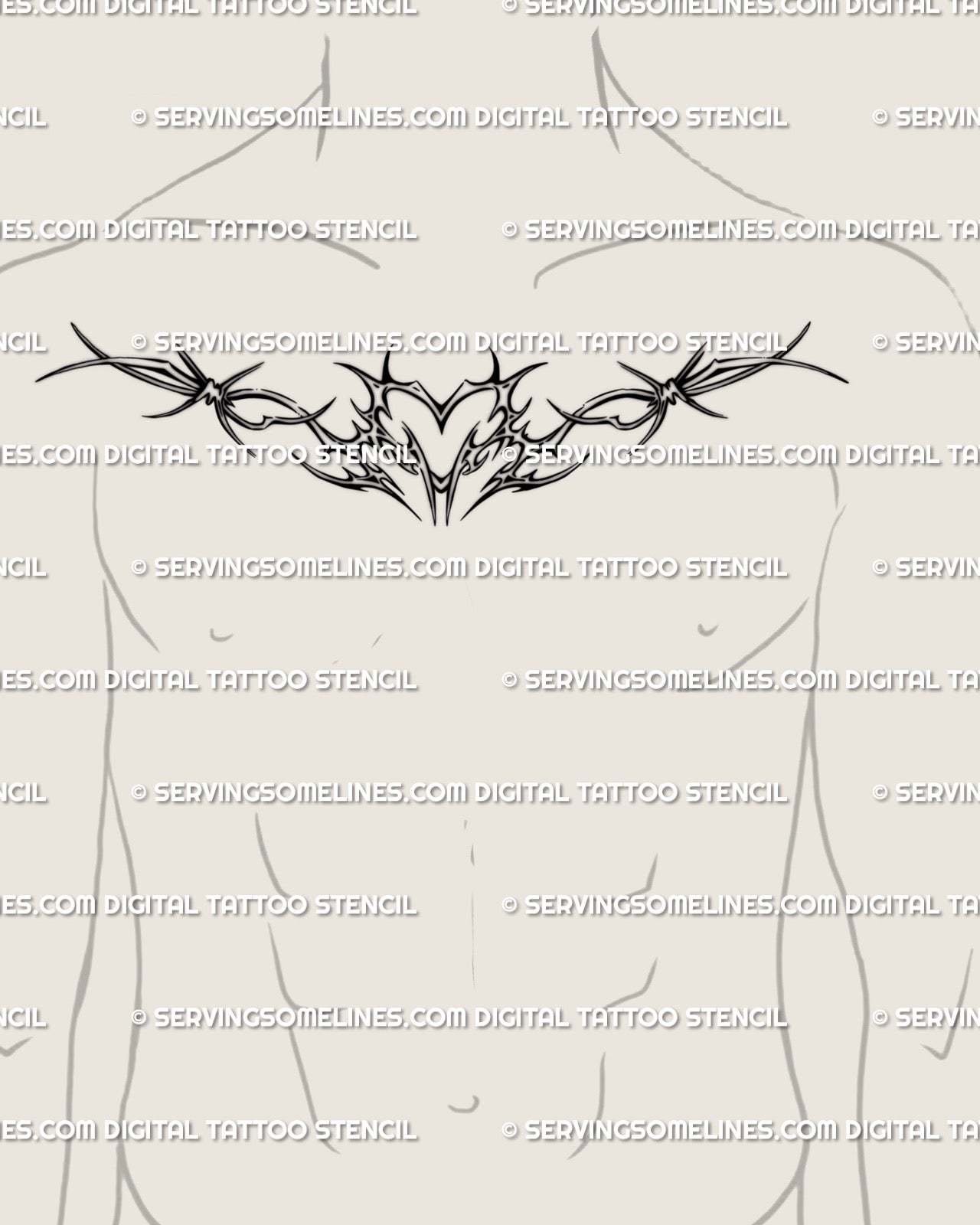 Cybercore barbed wire heart tattoo on male chest, symmetrical neotribal linework with punk gothic Y2K edge, clean blackwork design