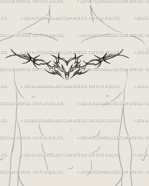 Cybercore barbed wire heart tattoo on male chest, symmetrical neotribal linework with punk Y2K edge, clean blackwork design