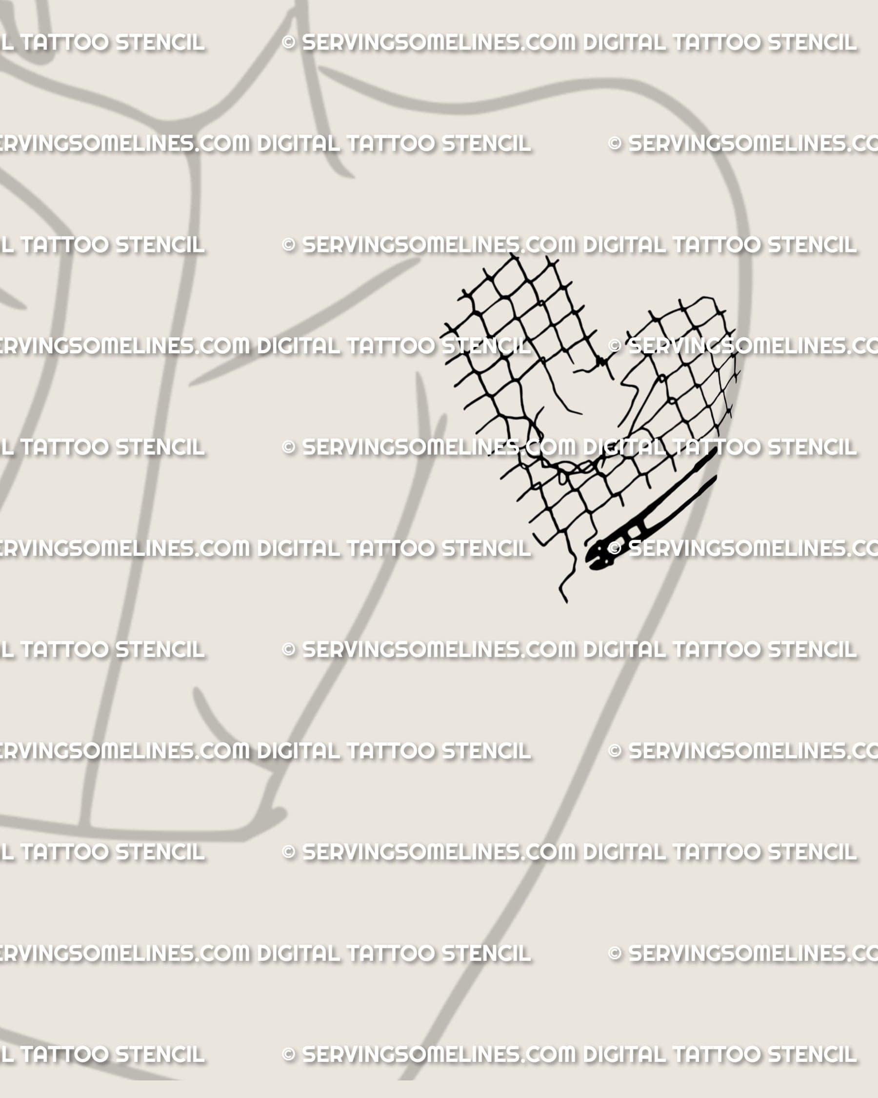 Barbed wire heart tattoo outline blending gothic and punk energy, a sad love tattoo stencil that feels honest and bold.
