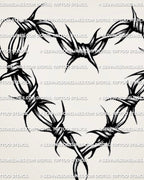 Barbed heart tattoo stencil, wire heart outline with knot wraps and pointed barbs, high contrast design for forearm or chest placement 