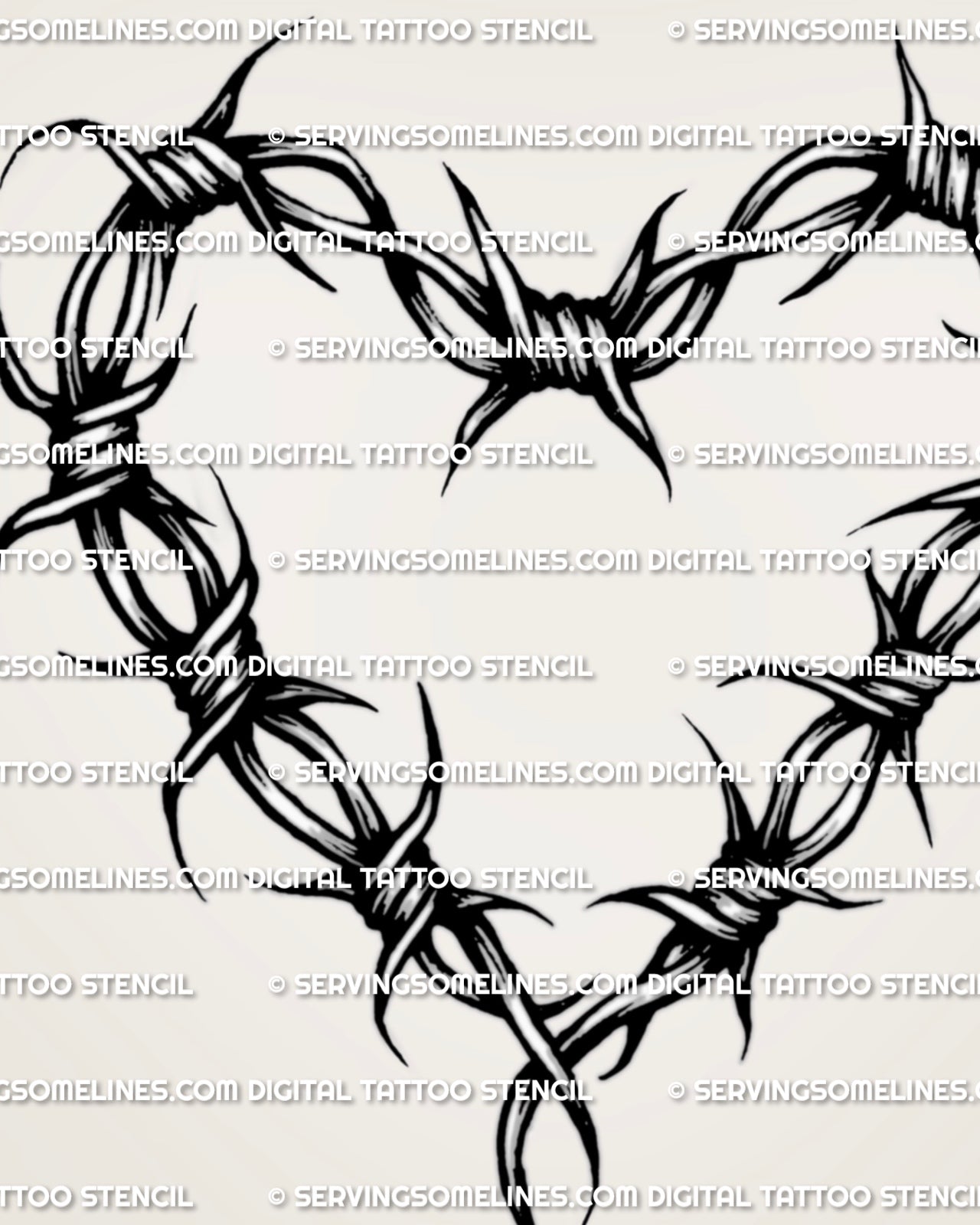 Barbed heart tattoo stencil, wire heart outline with knot wraps and pointed barbs, high contrast design for forearm or chest placement 