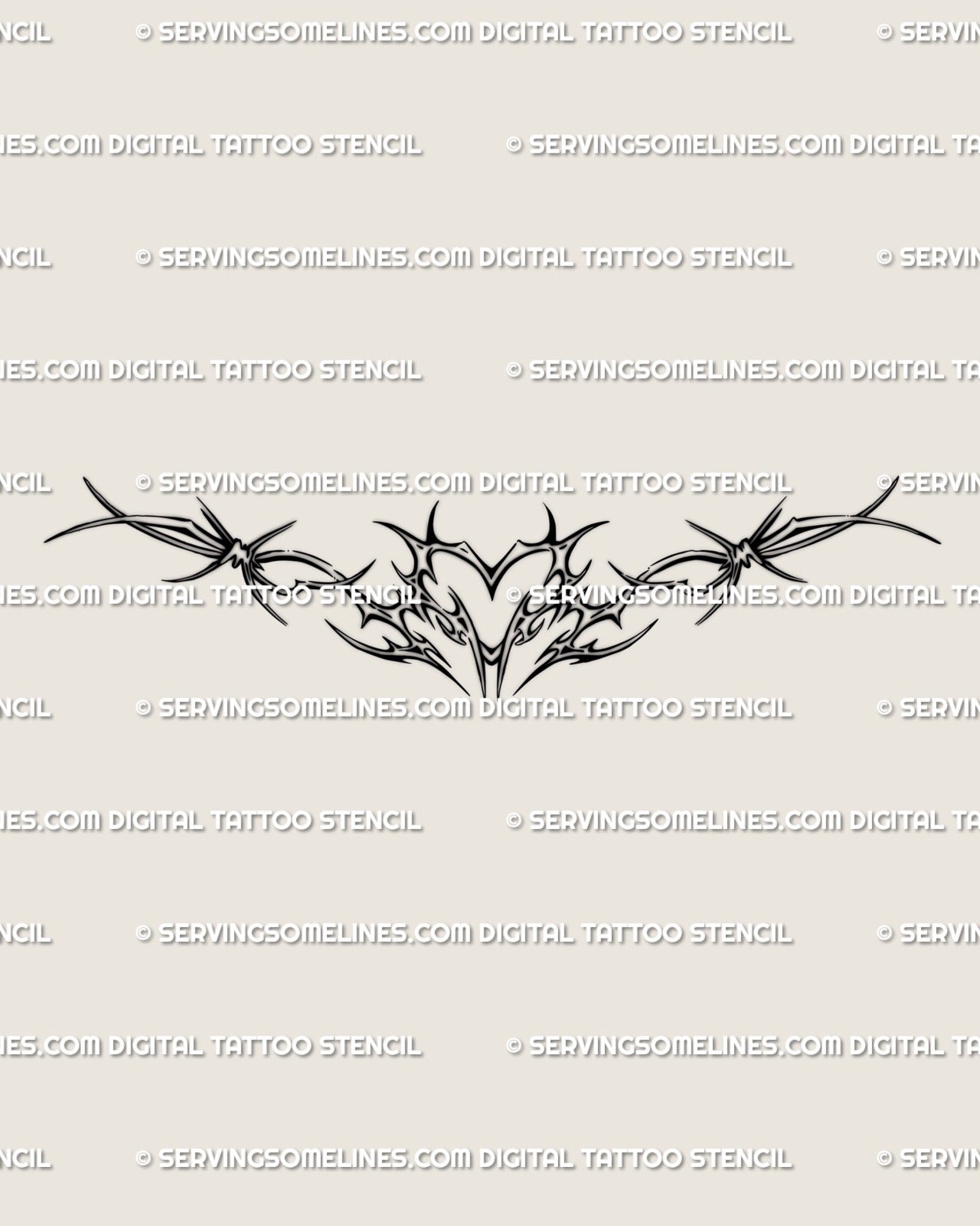 Barbed wire heart cybersigil tattoo stencil digital design, symmetrical cyber-tribal Y2K blackwork flash for chest or lower back placement