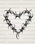 Barbed wire heart tattoo with wrapped tie points and spaced barbs, heart outline design only, bold silhouette for stencil transfer