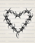 Barbed wire heart tattoo with wrapped tie points and spaced barbs, heart outline design only, bold silhouette for stencil transfer