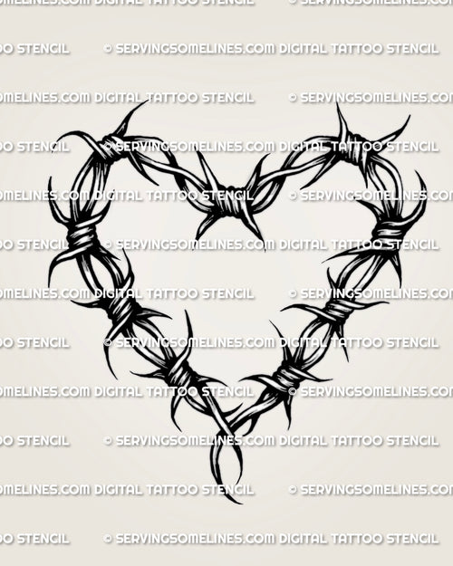 Barbed wire heart tattoo with wrapped tie points and spaced barbs, heart outline design only, bold silhouette for stencil transfer