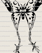 Closeup of barbed wire moth stencil linework, sharp arc details and clean spacing for crisp tattoo transfer printing.